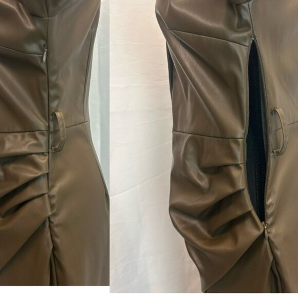 Zara khaki faux leather V-neck belted midi dress lapel collar long sleeve L NWOT - Picture 14 of 16